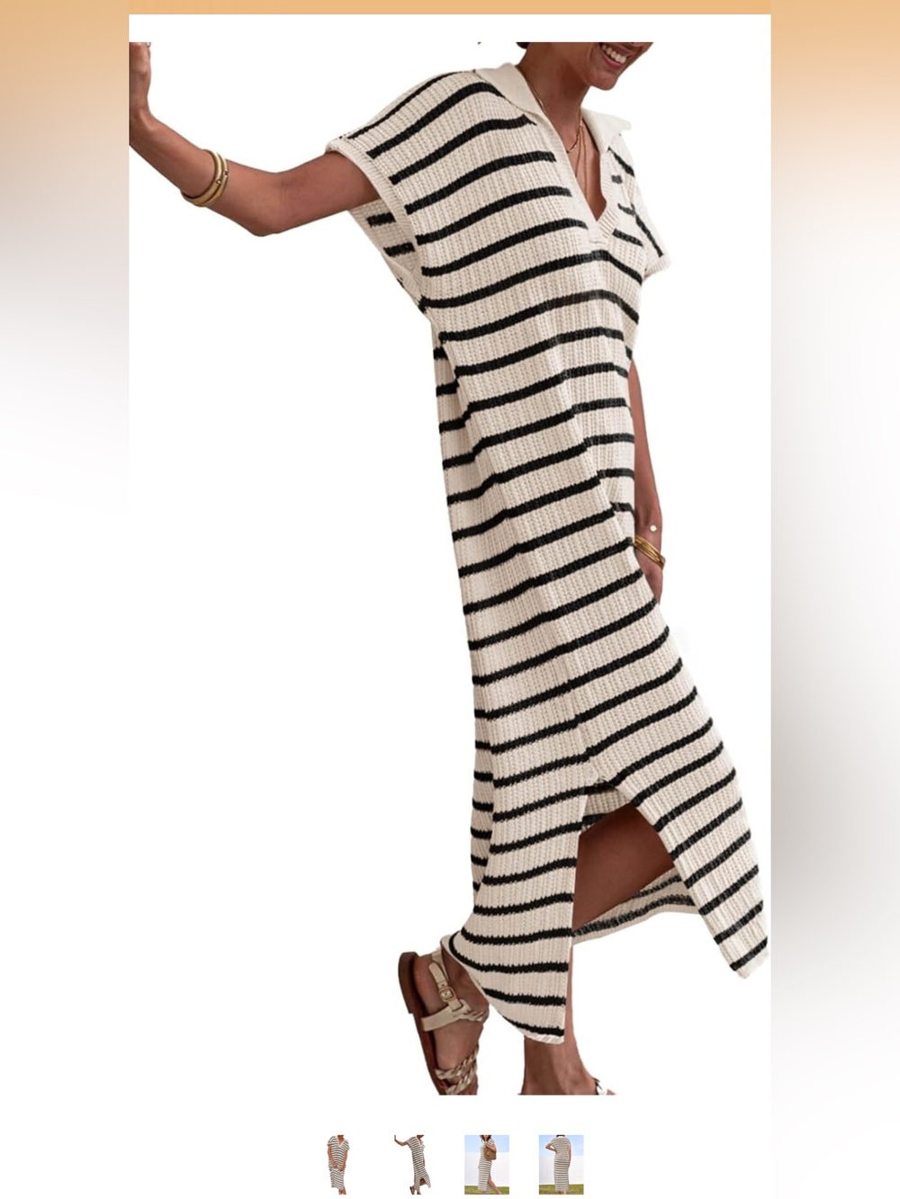 Women's Striped V-Neck Collared Knit Maxi Dress in Cream & Black Size XL (14-16) - Picture 2 of 6